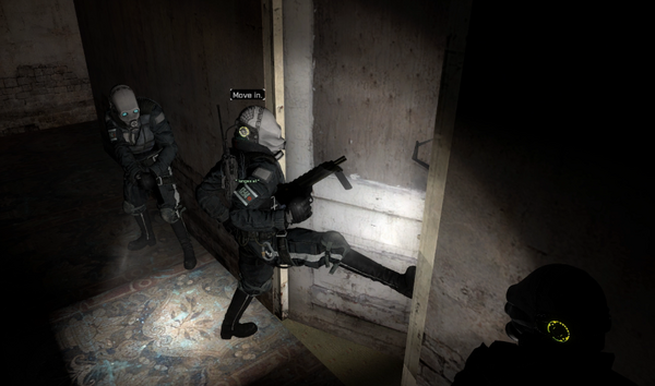 A Civil Protection breacher forces a door open. To the breacher’s right, a point man prepares to enter. A second unit on the right rotates to face away from the room, covering the hallway to prevent interference with the entry team.